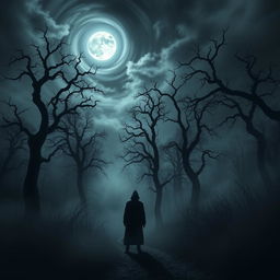 A spine-tingling image inspired by The Whispering Woods, depicting a sinister forest scene drenched in a chilling atmosphere