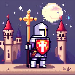 Pixel art profile picture of a holy crusader knight in a full suit of armor, holding a cross-emblazoned shield, standing against a castle backdrop under a starry twilight sky