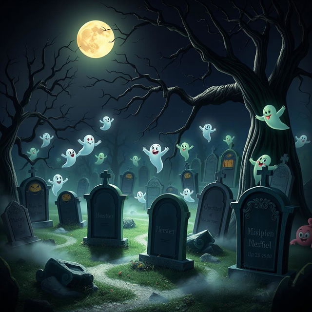 A dark, enchanting animated cemetery in a classic Disney style