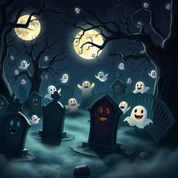 A dark, enchanting animated cemetery in a classic Disney style