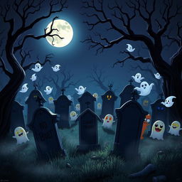 A dark, enchanting animated cemetery in a classic Disney style