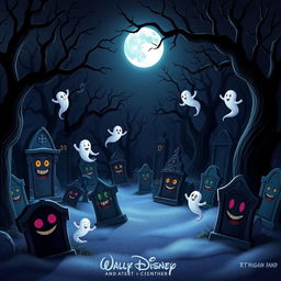 A dark, enchanting animated cemetery in a classic Disney style