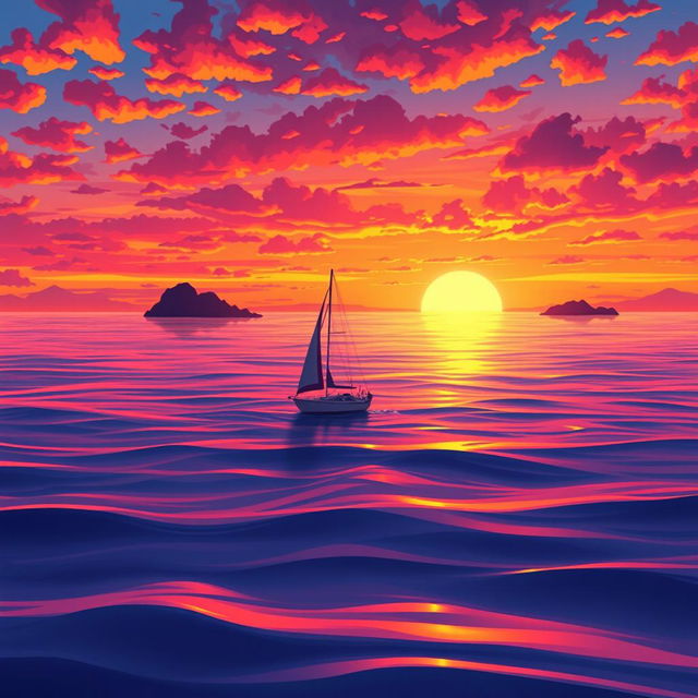 A vivid animation scene featuring a sailboat drifting aimlessly in the ocean without sails, basking in the glow of a stunning sunset