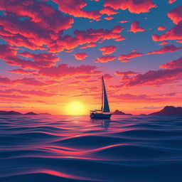 A vivid animation scene featuring a sailboat drifting aimlessly in the ocean without sails, basking in the glow of a stunning sunset