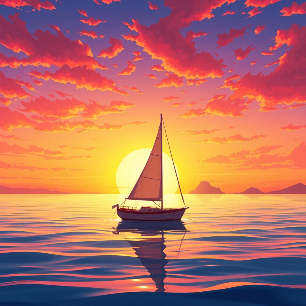 A vivid animation scene featuring a sailboat drifting aimlessly in the ocean without sails, basking in the glow of a stunning sunset