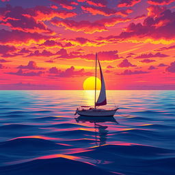 A vivid animation scene featuring a sailboat drifting aimlessly in the ocean without sails, basking in the glow of a stunning sunset