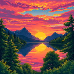 A vibrant and colorful illustration of a serene landscape, capturing a stunning sunset with a rich palette of orange, pink, and purple hues spilling across the sky as the day transitions to night