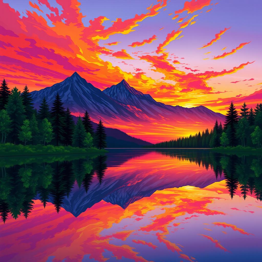 A vibrant and colorful illustration of a serene landscape, capturing a stunning sunset with a rich palette of orange, pink, and purple hues spilling across the sky as the day transitions to night