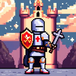 Pixel art profile picture of a holy crusader knight in a full suit of armor, holding a cross-emblazoned shield, standing against a castle backdrop under a starry twilight sky