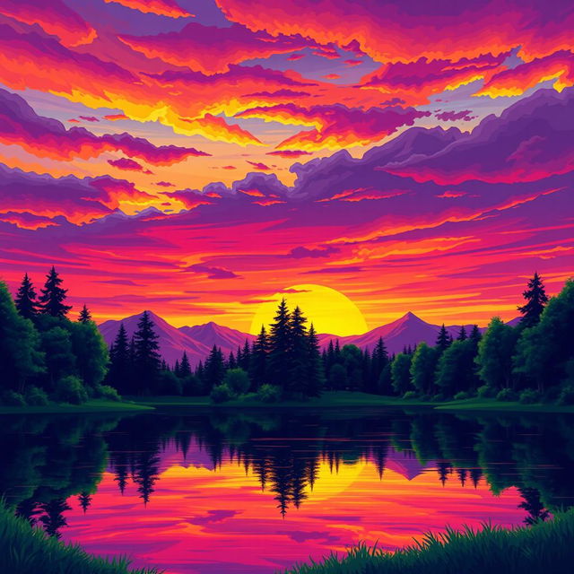 A vibrant and colorful illustration of a serene landscape, capturing a stunning sunset with a rich palette of orange, pink, and purple hues spilling across the sky as the day transitions to night