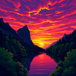 A vibrant and colorful illustration of a serene landscape, capturing a stunning sunset with a rich palette of orange, pink, and purple hues spilling across the sky as the day transitions to night