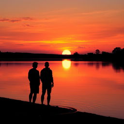 A serene landscape depicting a tranquil sunset over a calm lake, with warm oranges, pinks, and purples reflecting on the water's surface