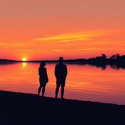 A serene landscape depicting a tranquil sunset over a calm lake, with warm oranges, pinks, and purples reflecting on the water's surface