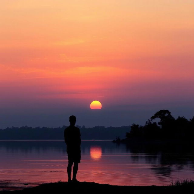 A serene landscape depicting a tranquil sunset over a calm lake, with warm oranges, pinks, and purples reflecting on the water's surface