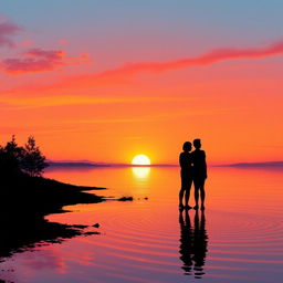A serene landscape depicting a tranquil sunset over a calm lake, with warm oranges, pinks, and purples reflecting on the water's surface