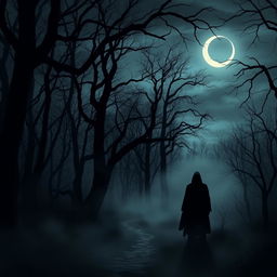 An eerie depiction inspired by The Whispering Woods, illustrating a haunting forest scene filled with ominous energy