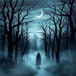 An eerie depiction inspired by The Whispering Woods, illustrating a haunting forest scene filled with ominous energy