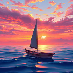 A vivid animation scene depicting a sailboat drifting aimlessly on the ocean without sails during a stunning sunset