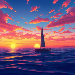 A vivid animation scene depicting a sailboat drifting aimlessly on the ocean without sails during a stunning sunset