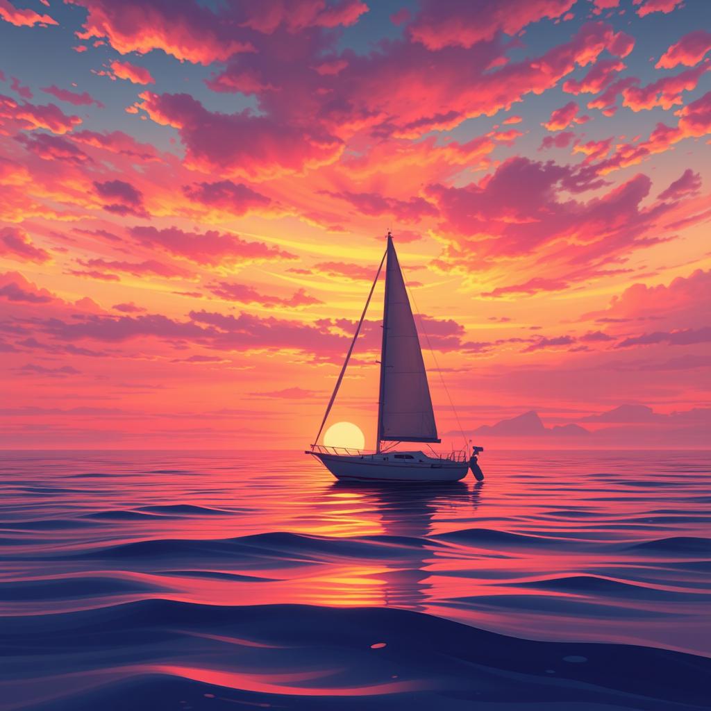 A vivid animation scene depicting a sailboat drifting aimlessly on the ocean without sails during a stunning sunset