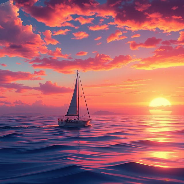 A vivid animation scene depicting a sailboat drifting aimlessly on the ocean without sails during a stunning sunset