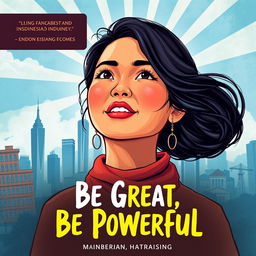 A captivating book cover for 'Be Great, Be Powerful', featuring an Indonesian woman who embodies strength and resilience