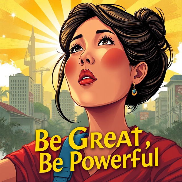 A captivating book cover for 'Be Great, Be Powerful', featuring an Indonesian woman who embodies strength and resilience