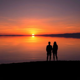 A serene landscape depicting a tranquil sunset over a calm lake, showcasing a breathtaking palette of warm oranges, soft pinks, and deep purples reflecting on the glassy water