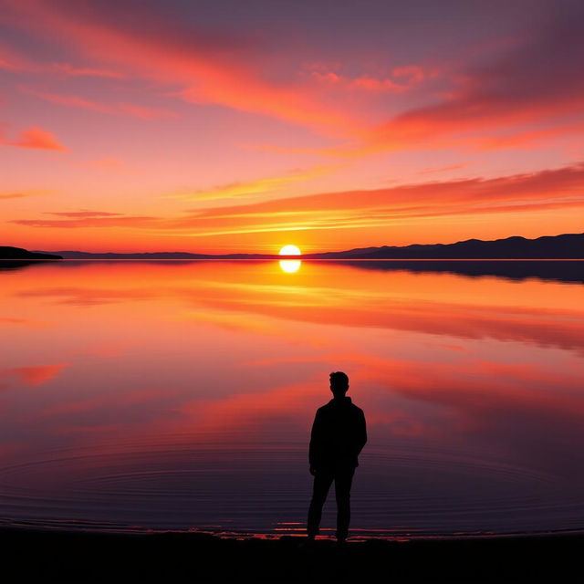 A serene landscape depicting a tranquil sunset over a calm lake, showcasing a breathtaking palette of warm oranges, soft pinks, and deep purples reflecting on the glassy water