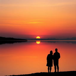 A serene landscape depicting a tranquil sunset over a calm lake, showcasing a breathtaking palette of warm oranges, soft pinks, and deep purples reflecting on the glassy water