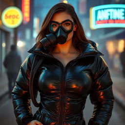 A hot woman in a tight, shiny black heavy puffer suit that beautifully accentuates her ample breasts and curvy figure