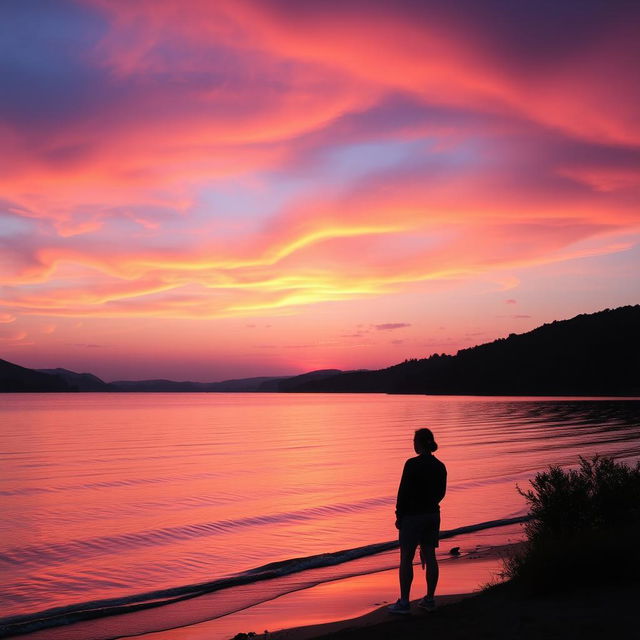 A serene landscape showcasing a tranquil sunset over a calm lake, with vibrant hues of orange, pink, and deep purple blending beautifully in the sky as the sun descends towards the horizon