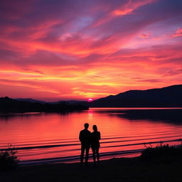 A serene landscape showcasing a tranquil sunset over a calm lake, with vibrant hues of orange, pink, and deep purple blending beautifully in the sky as the sun descends towards the horizon