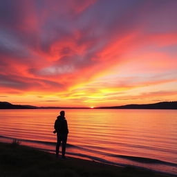 A serene landscape showcasing a tranquil sunset over a calm lake, with vibrant hues of orange, pink, and deep purple blending beautifully in the sky as the sun descends towards the horizon