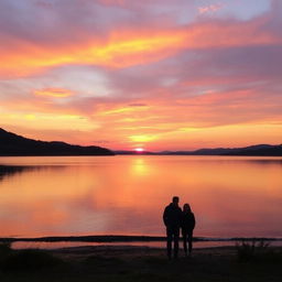 A serene landscape showcasing a tranquil sunset over a calm lake, with vibrant hues of orange, pink, and deep purple blending beautifully in the sky as the sun descends towards the horizon