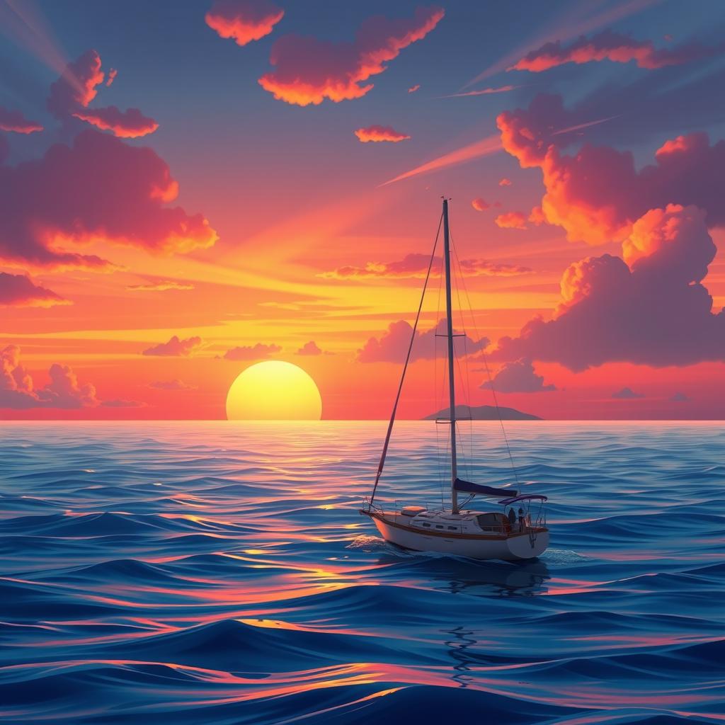 A vivid animation scene depicting a sailboat drifting aimlessly in the ocean without sails, illuminated by a stunning sunset