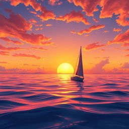 A vivid animation scene depicting a sailboat drifting aimlessly in the ocean without sails, illuminated by a stunning sunset