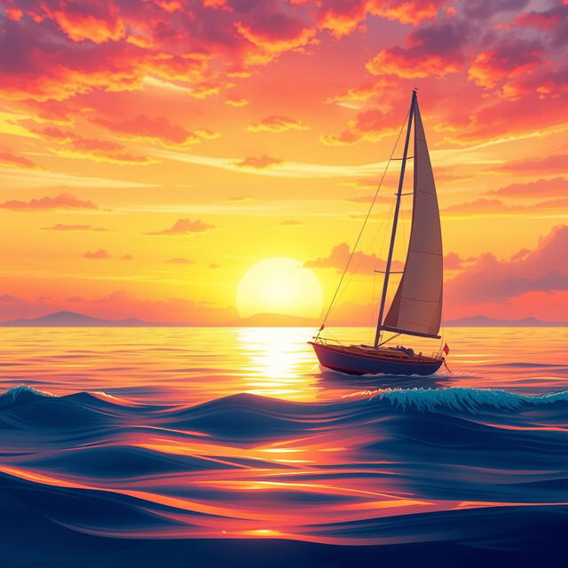 A vivid animation scene depicting a sailboat drifting aimlessly in the ocean without sails, illuminated by a stunning sunset