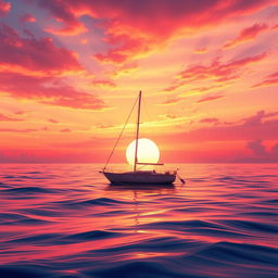 A vivid animation scene depicting a sailboat drifting aimlessly in the ocean without sails, illuminated by a stunning sunset
