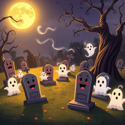 A spooky yet whimsical animated cemetery in a classic Disney style