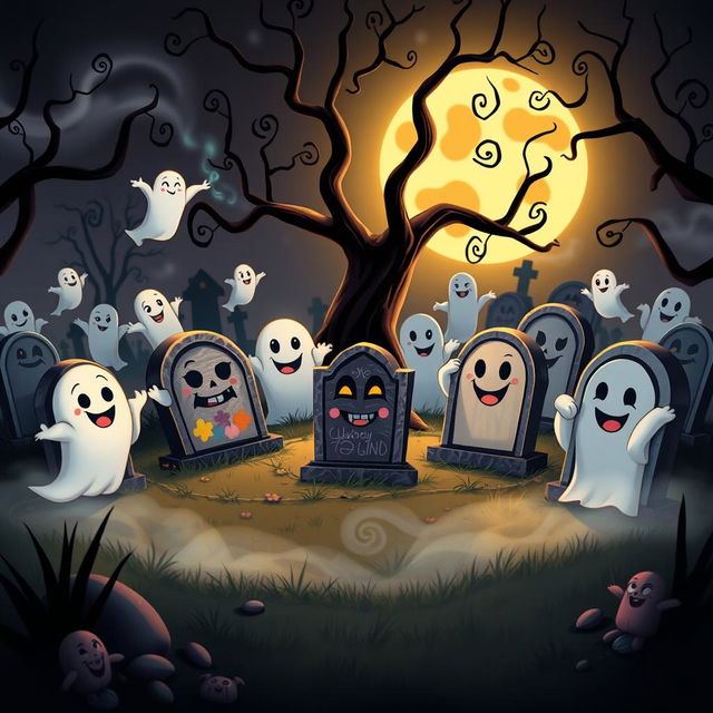 A spooky yet whimsical animated cemetery in a classic Disney style