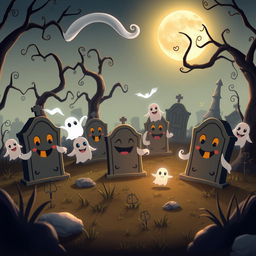 A spooky yet whimsical animated cemetery in a classic Disney style