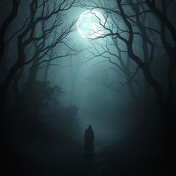 A haunting image inspired by The Whispering Woods, showcasing a dark and menacing forest setting