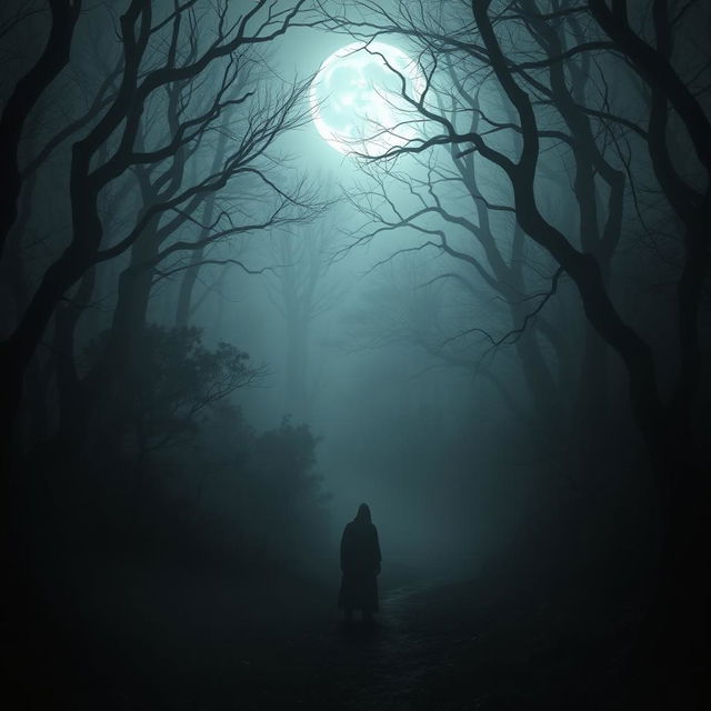 A haunting image inspired by The Whispering Woods, showcasing a dark and menacing forest setting