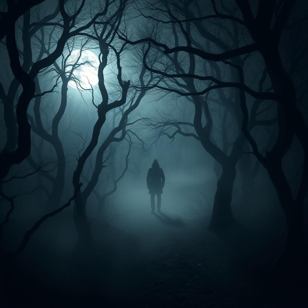 A haunting image inspired by The Whispering Woods, showcasing a dark and menacing forest setting