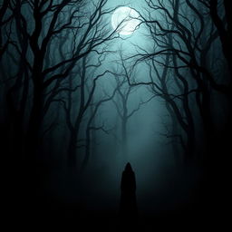 A haunting image inspired by The Whispering Woods, showcasing a dark and menacing forest setting