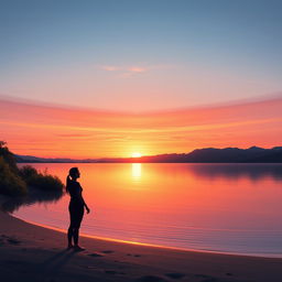 A serene landscape depicting a tranquil sunset over a calm lake, with a stunning gradient of orange, pink, and purple hues lighting up the sky as the sun dips below the horizon
