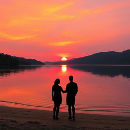A serene landscape depicting a tranquil sunset over a calm lake, with a stunning gradient of orange, pink, and purple hues lighting up the sky as the sun dips below the horizon