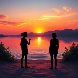 A serene landscape depicting a tranquil sunset over a calm lake, with a stunning gradient of orange, pink, and purple hues lighting up the sky as the sun dips below the horizon
