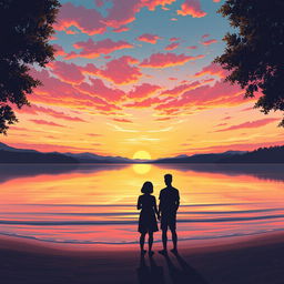 A serene landscape illustrating a tranquil sunset over a calm lake, where the sky is painted with a vibrant mix of oranges, pinks, and purples as the sun sets on the horizon